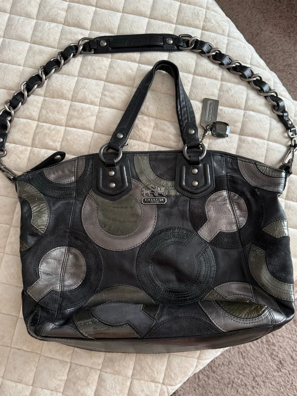 Coach Black Multi-Gray Circular Patchwork Leather Shoulder Bag